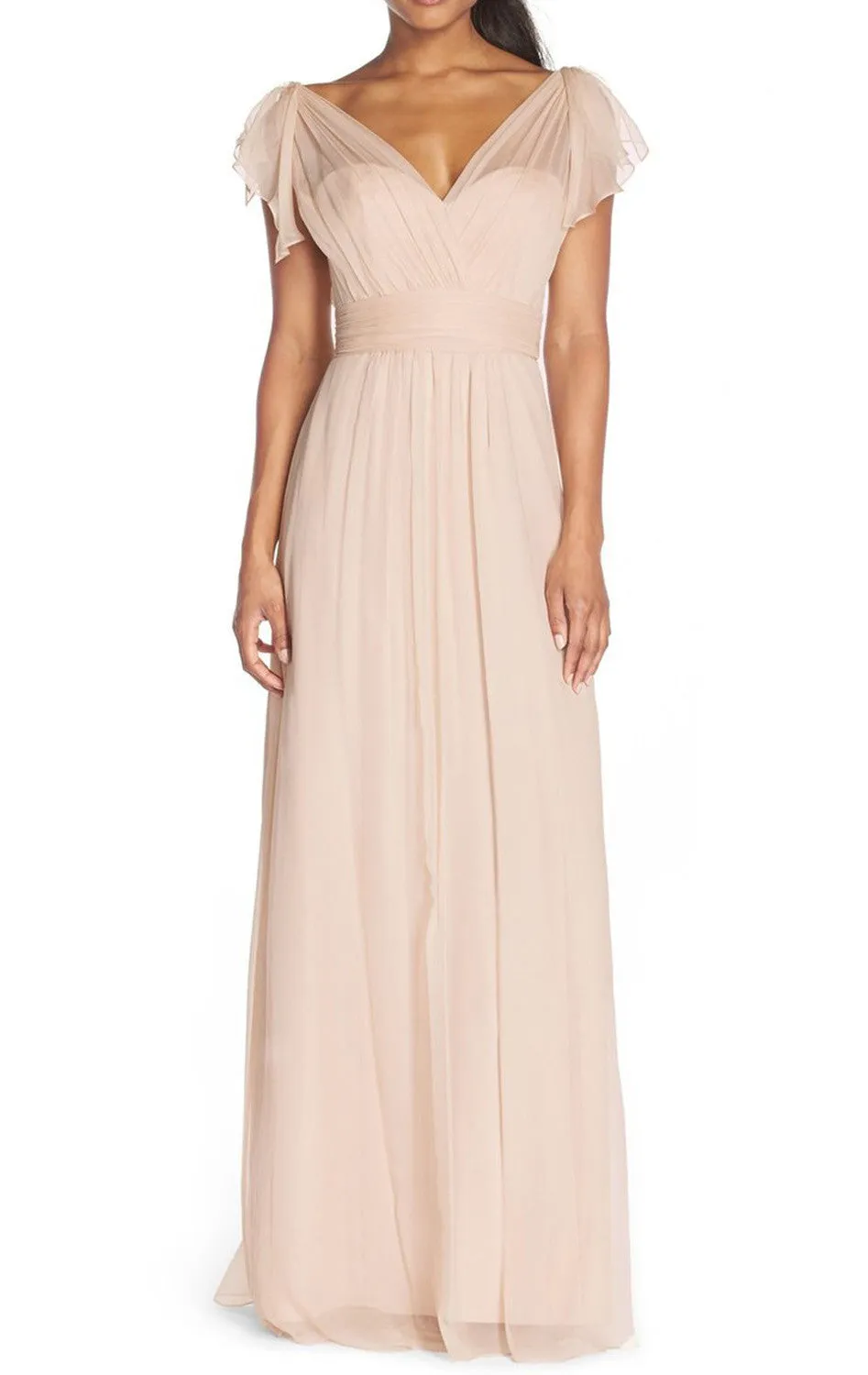 MACloth Cap Sleeves V Neck Chiffon Long Bridesmaid Dress Pearl Pink Fomral Gown