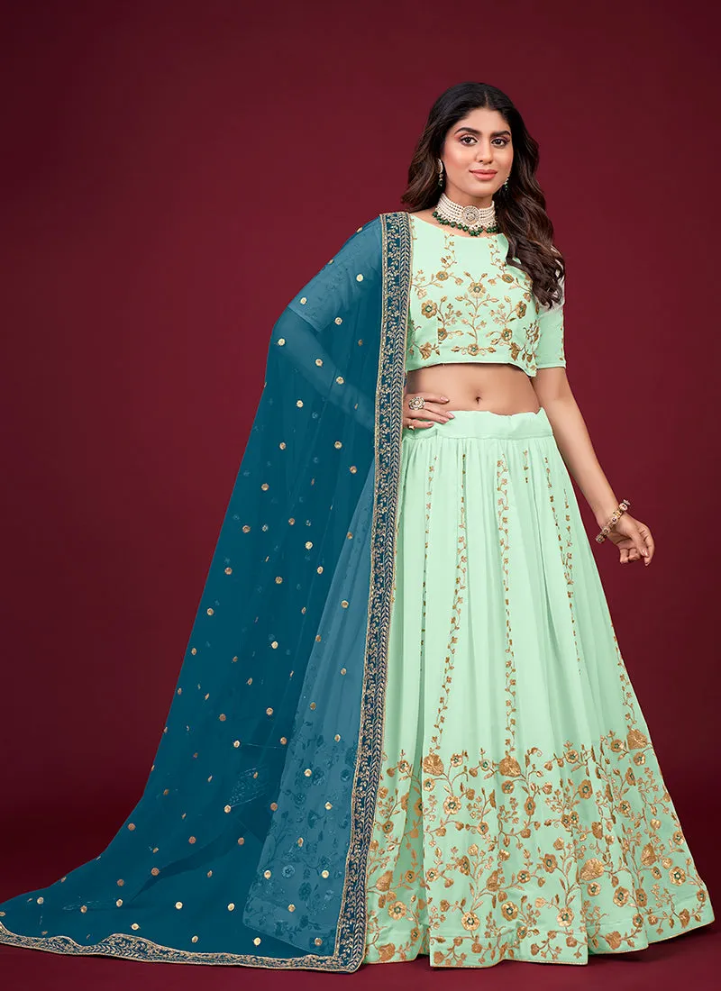 Mint Green And Blue Multi Embroidery Wedding Lehenga Choli