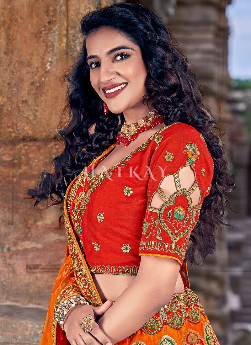 Orange And Red Multi Embroidery Wedding Lehenga Choli