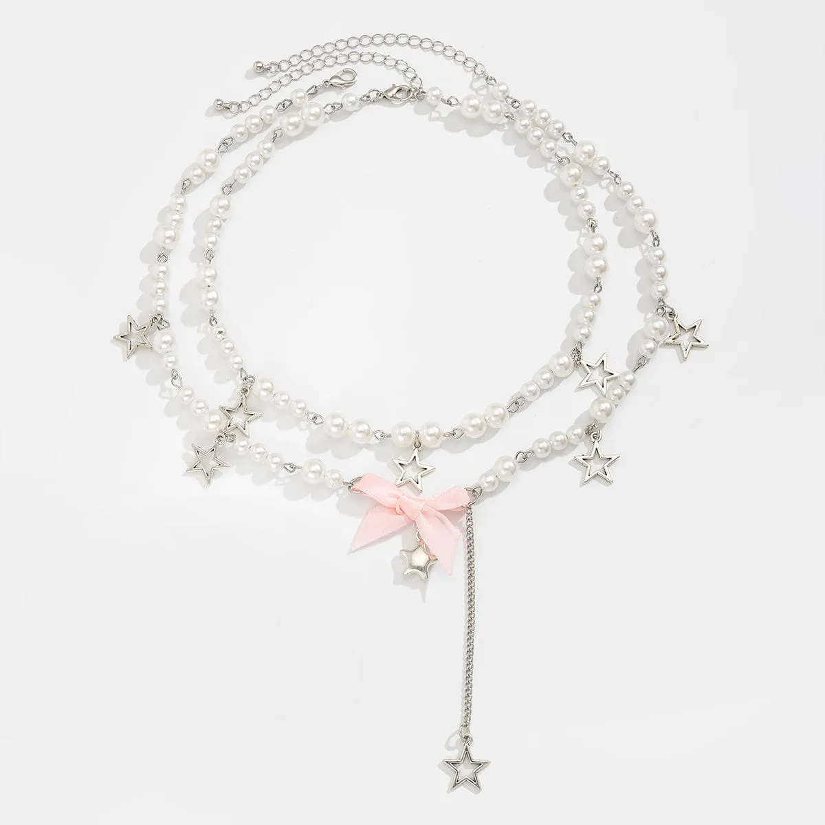 Sweet Layered Bowknot Star Tassel Pearl Chain Y Necklace Set